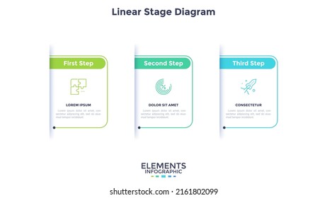 Three paper white rectangular elements placed in horizontal row. Concept of 3 steps of business development process. Simple infographic design template. Modern linear vector illustration for report.