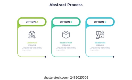 Three paper white rectangular elements placed in horizontal row. Concept of 3 steps of business development process. Simple infographic design template. Modern linear vector illustration for report.