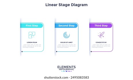 Three paper white rectangular elements placed in horizontal row. Concept of 3 steps of business development process. Simple infographic design template. Modern linear vector illustration for report.