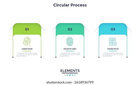 Three paper white rectangular elements placed in horizontal row. Concept of 3 steps of business development process. Simple infographic design template. Modern linear vector illustration for report.