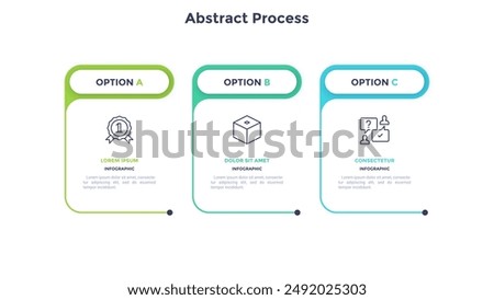 Three paper white rectangular elements placed in horizontal row. Concept of 3 steps of business development process. Simple infographic design template. Modern linear vector illustration for report.