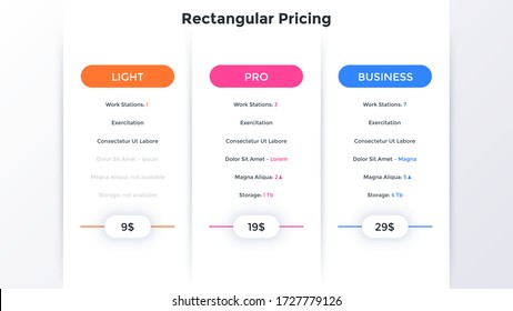 Tres cuadros rectangulares blancos de papel con indicación de precios, lista de características o opciones incluidas. Concepto de 3 planes de suscripción a sitios web. Diseño gráfico. Ilustración vectorial moderna.