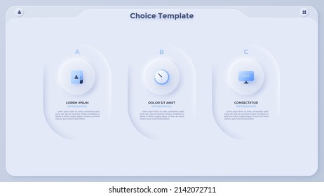 Three paper white round elements placed in horizontal row. Concept of business model with 3 features to choose. Simple infographic design template. Modern flat vector illustration for presentation.