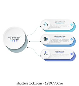 Three paper white rounded options or characteristics connected to main circular element by lines. Clean infographic design template. Vector illustration for schematic visualization of 3 project steps.