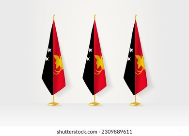 Three Papua New Guinea flags in a row on a golden stand, illustration of press conference and other meetings. Vector illustration.