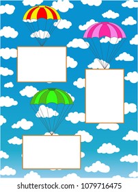 Three parachutes with white paper sheets for text, advertising,design.