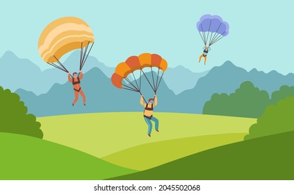 Three parachutists landing on ground. Men with parachutes on backdrop of mountain landscape. Bright vector illustration in flat cartoon style.
