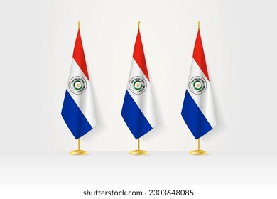 Tres banderas paraguayas en fila sobre un puesto de oro, ilustración de conferencia de prensa y otras reuniones. Ilustración vectorial.