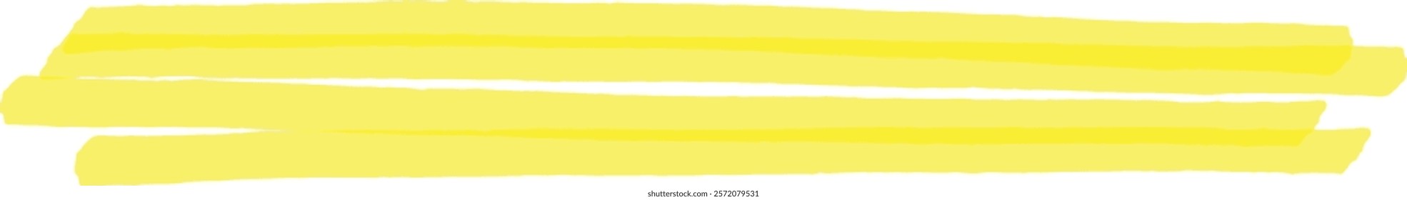 Three parallel brush strokes of vibrant yellow highlighter ink create a striking design element on a white background, adding a bold and energetic touch