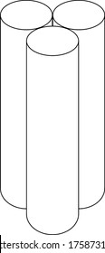 Three parallel circular Cylinder placed together as their curved sides touching, with equal height and base radius, vintage line drawing or engraving illustration.