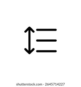 Três linhas paralelas com uma seta vertical dupla que indica o espaçamento entre linhas ou a entrelinha. Traços monolinos 1,5px pretos, vetor 2D plano.