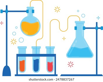 Three parallel scenarios plausible distinct image 1. Chemical reaction experiment laboratory equipment setup glass beakers colored liquids. Test tubes solutions connected flask isolated white