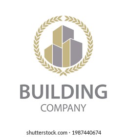 Three parallelepipeds symbolizing modern house surrounded by a crown of leaves, logo vector