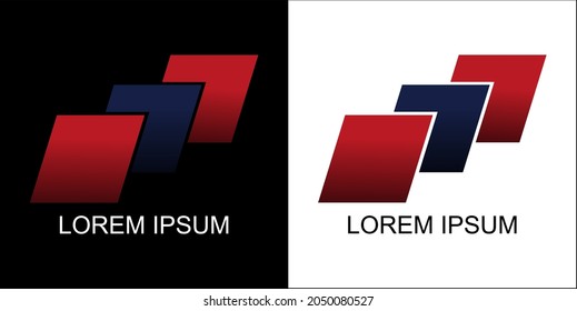 Three parallelogram logos in red and blue on a black and white background.