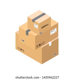 Three parcel boxes in stock  of a delivery  service depicted in an isometric plane at an angle of 30 degrees isolated on white. Delivery service isometric boxes 3d