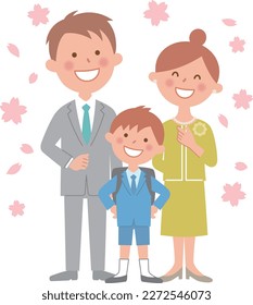 Three parents and a child attend a boy's graduation ceremony while cherry blossom petals are dancing