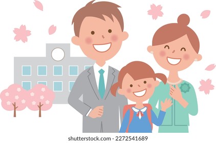 Three parents and children attending the entrance ceremony of a girl's elementary school
