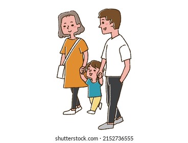 Three parents and children holding hands, a comical handwritten person, vector, line drawing and color