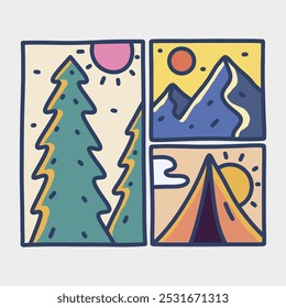 Tres partes de Naturaleza, camping e ilustración de montaña para camiseta, pegatina e insignia