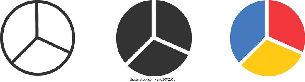 Dreiteiliges Tortendiagramm, das verschiedene Proportionen von Daten und Infografiken zeigt