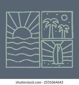 Três partes da hora de verão, ondas, prancha de surfe e palmeira ilustração para t-shirt, adesivo e distintivo