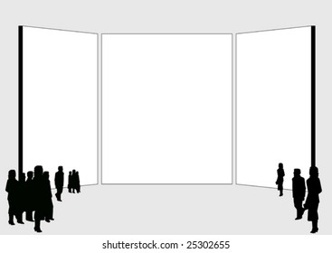 three parted white billboard with silhouettes of people in front of it