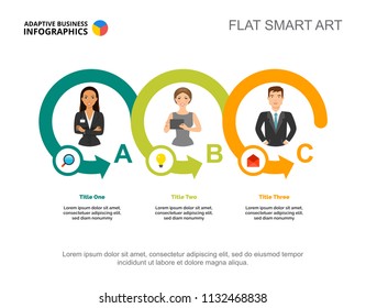 Three partners process chart template for presentation. Business data visualization. Company, teamwork, planning or marketing creative concept for infographic, report, project layout.