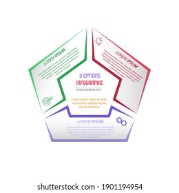 Three parts of a pentagon. Infographic diagram for presentation, business strategy, project development timeline or learning stages. Flat design.