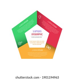 Three parts of a pentagon. Infographic diagram for presentation, business strategy, project development timeline or learning stages. Flat design.