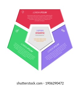 Three parts of a pentagon. Infographic diagram for presentation, business strategy, project development timeline or learning stages. Flat design.