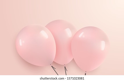 Three party balloons with blank space for advertisement on pastel pink background. Realistic vector image. 