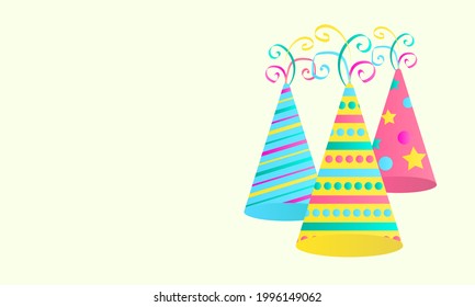three party caps on a clair background with space to insert your text. holiday hats in pink, yellow and blue with various patterns for cards, banners and posters. vector illustration

