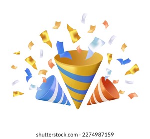 Three party popper 3D icons with explosion confetti. Happy Birthday surprise party banner. Holiday event firecracker with serpentine. Holiday and event celebration. Vector illustration 3d rendering