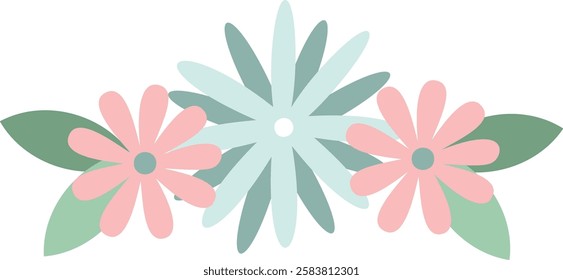 Three pastel colored flowers and leaves are arranged together, creating a delicate and beautiful floral arrangement, perfect for adding a touch of elegance to any design