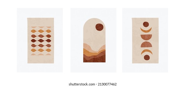 Tres afiches pastel con formas abstractas, paisaje montañoso e ilustración vectorial de patrones. Mínima huella de arte geométrica nórdica. Diseño de abstracción para fondo, papel pintado, tarjeta, arte mural