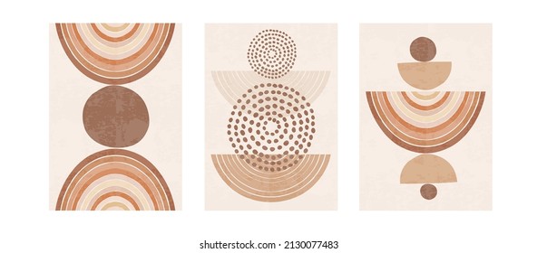 Three pastel posters set with abstract shapes, rainbows and circles vector illustration. Minimal Nordic art print with geometric elements. Abstraction design for background, wallpaper, card, wall art