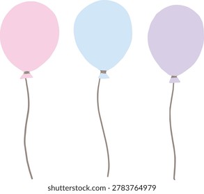 Three pastel-colored balloons, pink, blue, and purple, each with a string, floating against a clean white background, creating a festive and light atmosphere.