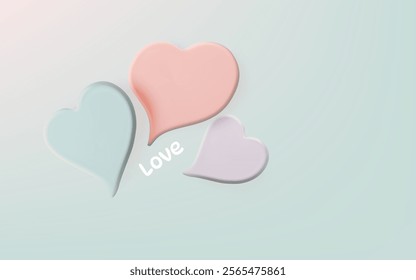 Three pastel-colored hearts in blue, pink, and purple with the word 'Love' on a soft gradient background.