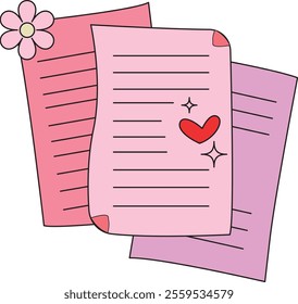 Three pastel-colored papers with lines, a red heart, sparkles, and a flower, perfect for notes or journaling.