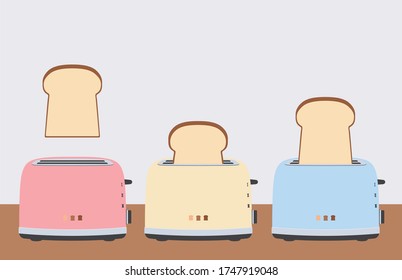 Three pastel-tone toasters and toast bread