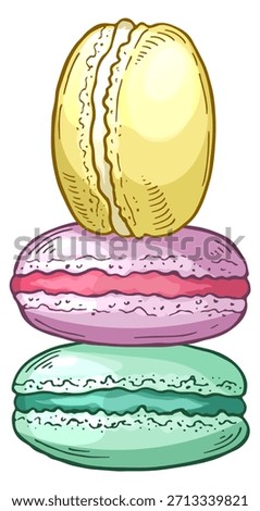 Three pastries stacked on top of each other, one of which is a macaron