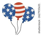 Three patriotic balloons decorated with stars and stripes in red, white, and blue colors, ideal for celebrating 4th of July, American Independence Day, and national holidays.