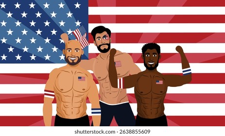 Three patriotic men celebrating 4th of July with flags and American body paint
