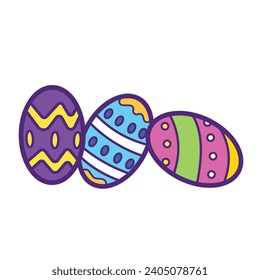 Three patterned easter egg colorful vector icon illustration outlined isolated on plain white background. Simple flat cartoon art styled drawing.