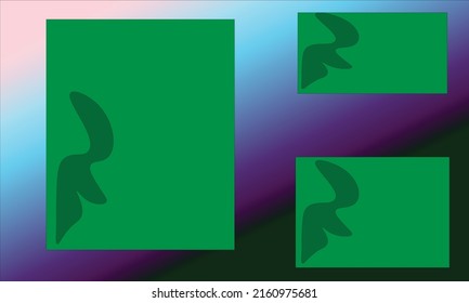 three patterned green squares on a pink, blue, dark purple and green background