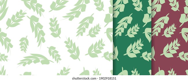 three patterns of branches with leaves on different backgrounds