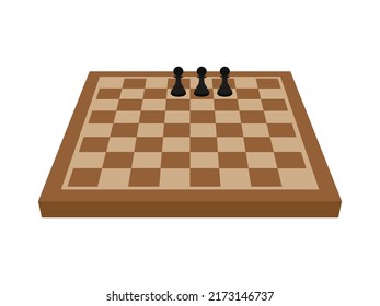 Three pawns on a chessboard on a white background