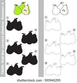 Three Pears and Half Slice with different shadows to find the correct one, compare and connect object with it true shadow, the educational kid game with simple gaming level.