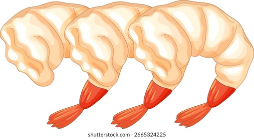 Tres camarones pelados dispuestos uno al lado del otro, ilustrados en un estilo de Vector plano limpio con sombreado suave y Elementos de fondo mínimos