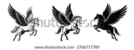 Three pegasus illustrations showcase mythical winged horses in various poses and styles against a clean white background offering versatile design elements